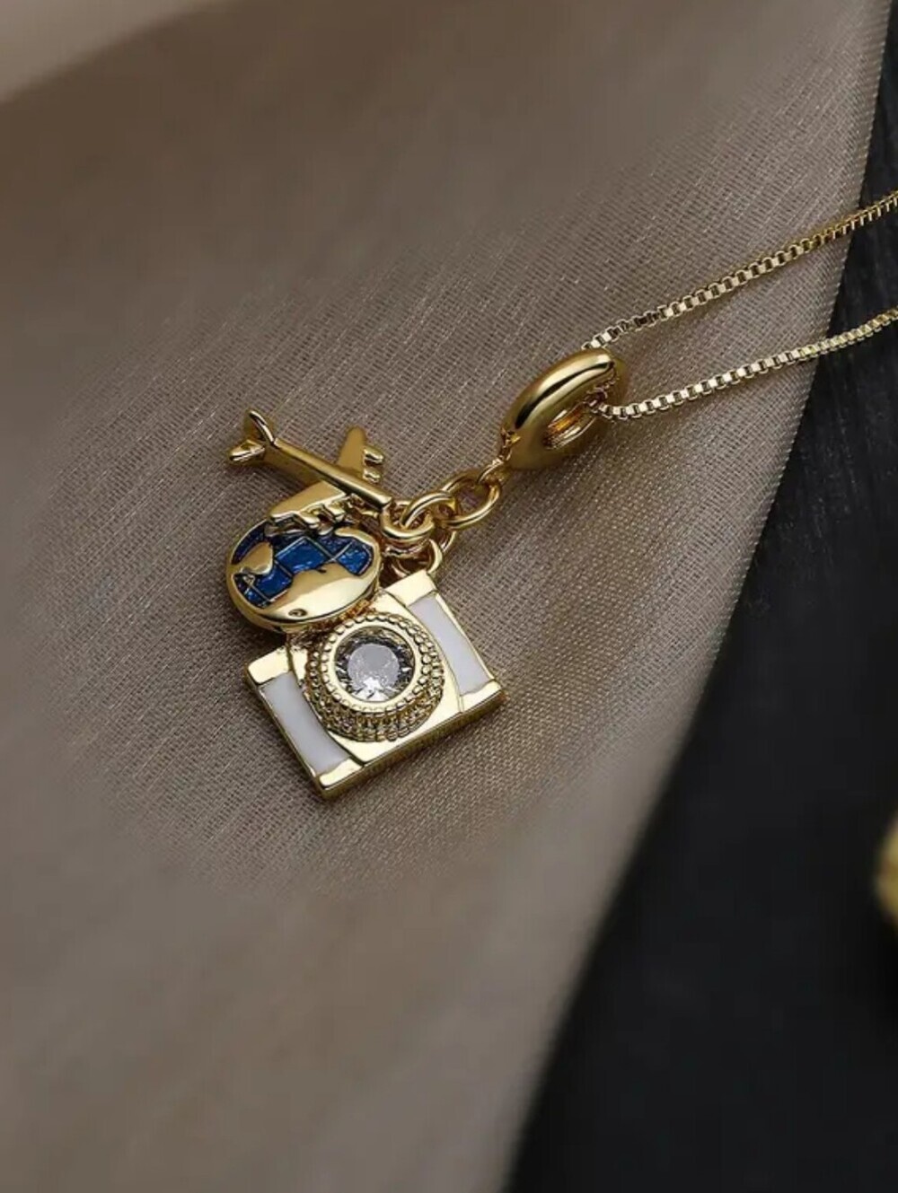 Travel Charm Necklace Gold Plated Airplane Globe Suitcase Pendant Gift for Her
